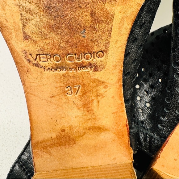 Mimosa Black Genuine Soft Leather Shoes Peep Toe Stacked Heel Sandals Sz 37 - Picture 10 of 15